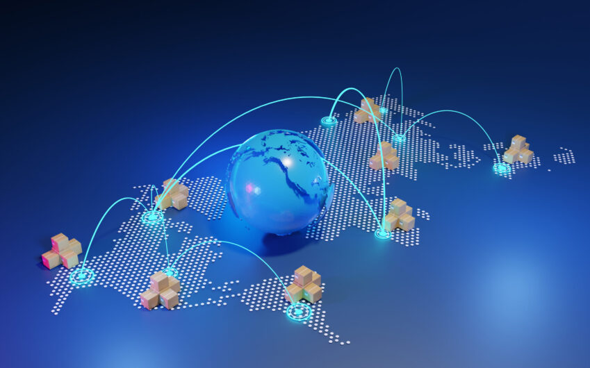 world wide shipping concept with package boxes on world globe map.  Express delivery concept, fast shipping, 3d rendering