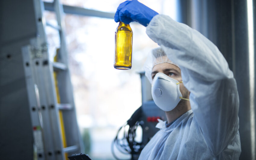 Technologist expert in beer production factory holding glass bottle and checking quality.